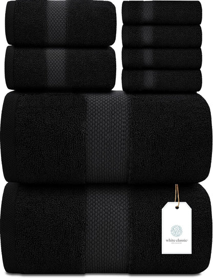 Luxury White Bath Towel Set of 8 Pieces - 100% Turkish Cotton 700 GSM Highly Absorbent Towels for Bathroom, 2 Bath Towels, 2 Hand Towels, 4 Washcloths
