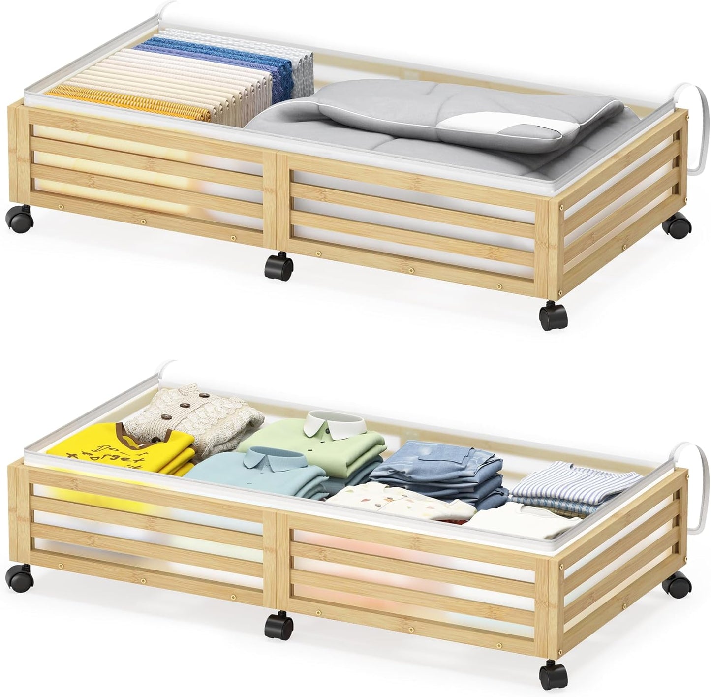 Under Bed Storage with Wheels-Large Bamboo Underbed storage Containers with Large Dust Bag Stackable Under the Bed Shoe Storage Bins for Clothes Books Bedding (2 Packs Black, 33.07"L×16.54"W× 6.5"H)