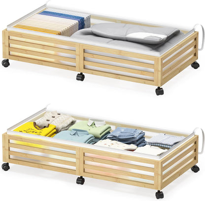 Under Bed Storage with Wheels-Large Bamboo Underbed storage Containers with Large Dust Bag Stackable Under the Bed Shoe Storage Bins for Clothes Books Bedding (2 Packs Black, 33.07"L×16.54"W× 6.5"H)