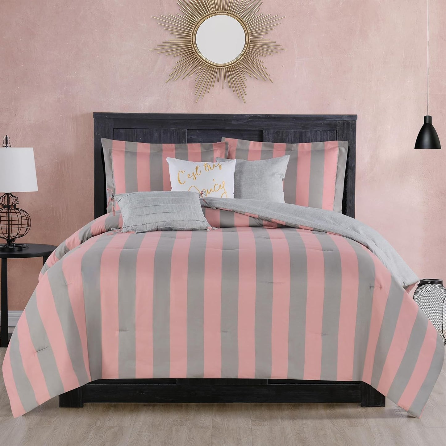 Juicy Couture Cabana Stripe Reversible Bedding Set - Queen/Full Size - Black and Hot Pink Stripe Print – 6 Piece Set – Includes 1 90" x 90" Comforter, 3 Decorative Pillows, 2 Shams