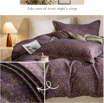 VM VOUGEMARKET Purple Green Duvet Cover Queen,3 Pieces Retro Boho Medallion Jacquard Flower Bedding Set,Linen Cotton Yarn-Dyed Textured Duvet Cover with Zipper Closure
