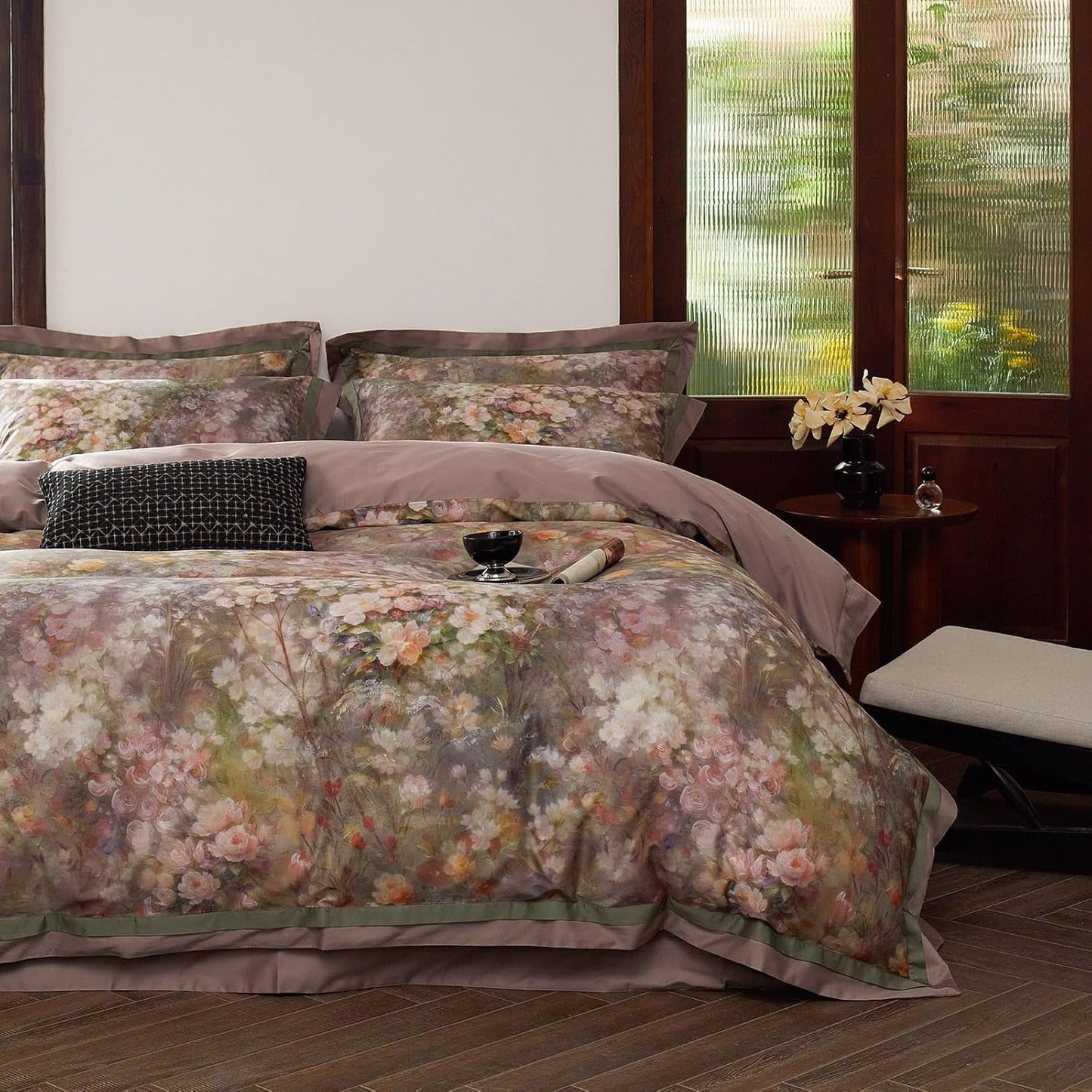 VM VOUGEMARKET Purple Green Duvet Cover Queen,3 Pieces Retro Boho Medallion Jacquard Flower Bedding Set,Linen Cotton Yarn-Dyed Textured Duvet Cover with Zipper Closure