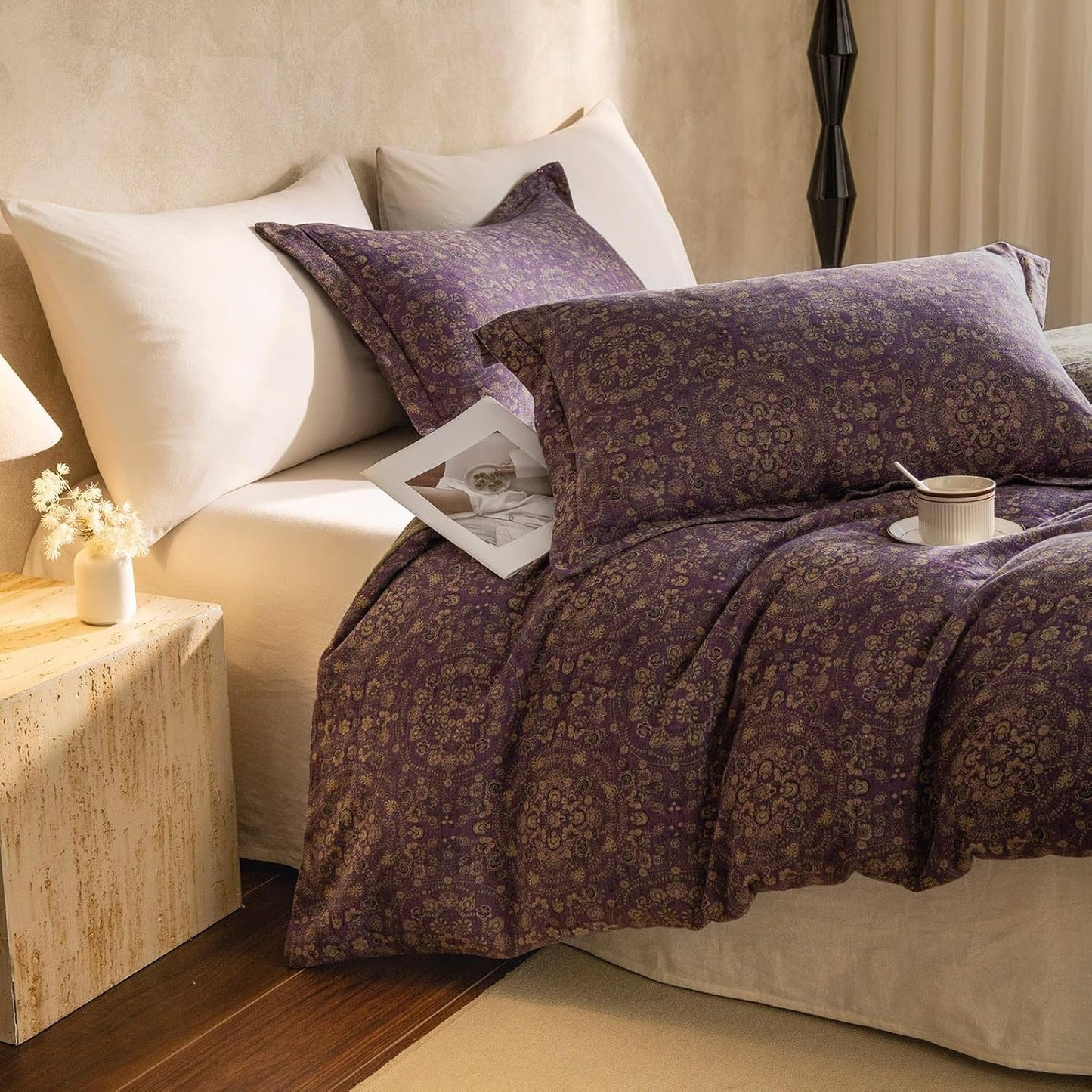 VM VOUGEMARKET Purple Green Duvet Cover Queen,3 Pieces Retro Boho Medallion Jacquard Flower Bedding Set,Linen Cotton Yarn-Dyed Textured Duvet Cover with Zipper Closure