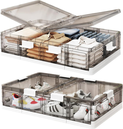 Kitstorack 2 Pack Plastic Under Bed Storage Bins with Lids and 8 Pre-installed Wheels,Rolling Low Rrofile Under bed Containers Box for Clothes Shoes, 37.8 Qt, Long, Clear, Flat, Large