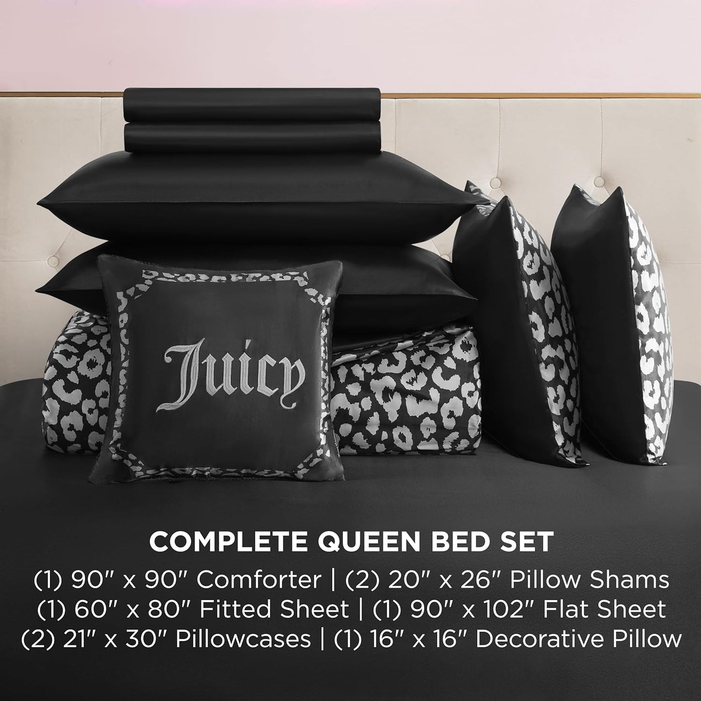Juicy Couture Modern Black Leopard Satin Queen Comforter Set - Luxury Bed in a Bag – Soft & Stylish 8-Piece Bedding Collection