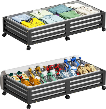 Wisuce Bamboo Under Bed Storage Containers- Underbed Organizer with Wheels with Large Dust Bag,Sturdy Wood Rolling Under the Bed Shoe Storage Organizer Drawer 2 Packs (White, Long)