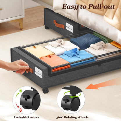 Yecaye Under Bed Storage with Wheels 2 Pack, 85L Extra Large Under Bed Storage Containers with Metal Frame & Clear Lid, Rolling Underbed Organizer Bins Drawers for Clothes, Shoes, Blankets, Hemp Grey