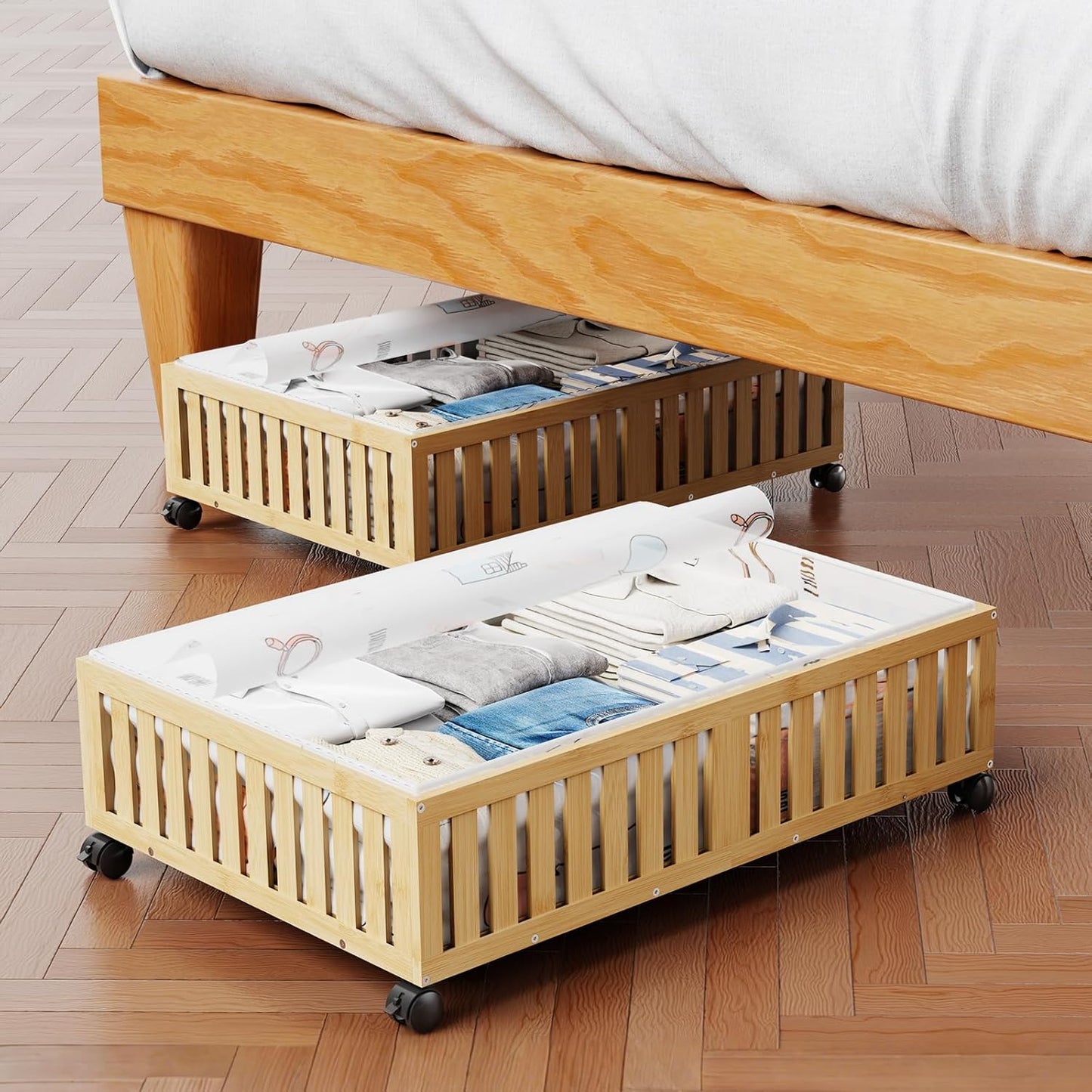 Bamboo Under Bed Storage Containers with Wheels, 40L UnderBed Drawers with Dust Bag, Breathable Under Bed Shoe Storage, Rolling UnderBed Clothes Storage, 2Pack