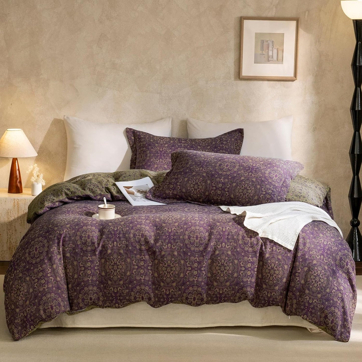 VM VOUGEMARKET Purple Green Duvet Cover Queen,3 Pieces Retro Boho Medallion Jacquard Flower Bedding Set,Linen Cotton Yarn-Dyed Textured Duvet Cover with Zipper Closure