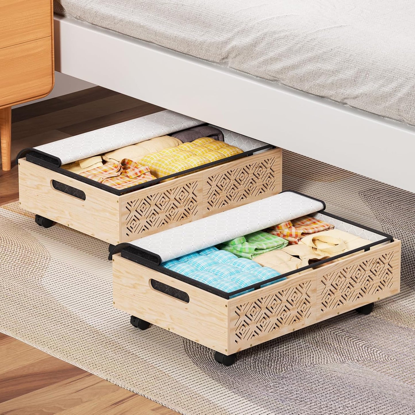 Under Bed Storage Containers-2 Pack Wooden Underbed Organizer with Wheels with Large Capacity Dust Bag, Stackable Under Bed Drawer Storage