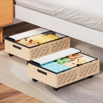Under Bed Storage Containers-2 Pack Wooden Underbed Organizer with Wheels with Large Capacity Dust Bag, Stackable Under Bed Drawer Storage