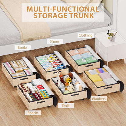 Under Bed Storage Containers-2 Pack Wooden Underbed Organizer with Wheels with Large Capacity Dust Bag, Stackable Under Bed Drawer Storage