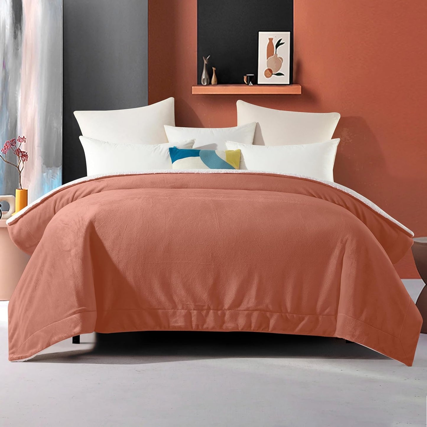 Elegant Comfort Ultra Soft Reversible Flannel Sherpa Blanket - Cozy Silky Fleece Throw for Couch, Bed - Plush Fuzzy Warm Winter Blanket for Gift, King, Coral