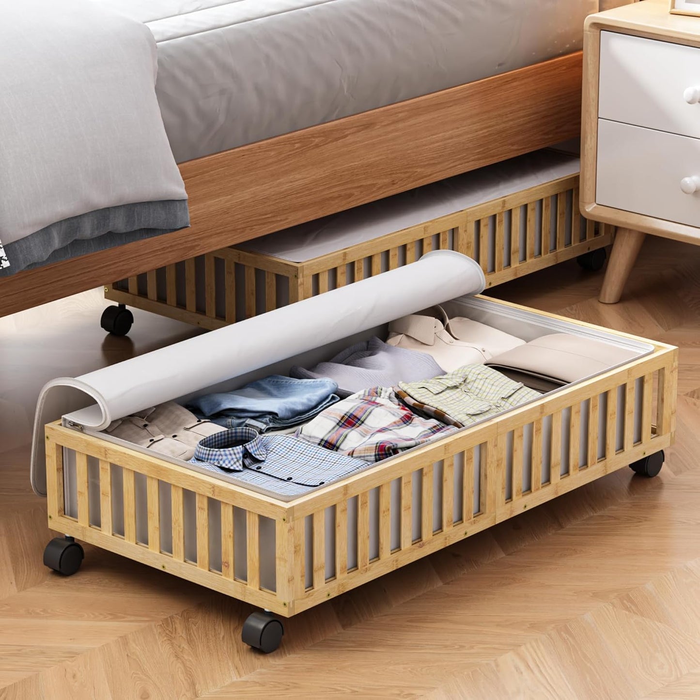 Bamboo Under Bed Storage Containers with Wheels, 2 Pack Large Under the Bed Shoe Storage Bins, Wood Rolling Underbed Drawers Organizer for Bedroom Closet Clothes Blanket Under Crib Toy White