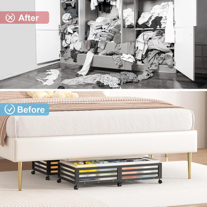 Under Bed Storage with Wheels-Large Bamboo Underbed storage Containers with Large Dust Bag Stackable Under the Bed Shoe Storage Bins for Clothes Books Bedding (2 Packs Black, 33.07"L×16.54"W× 6.5"H)