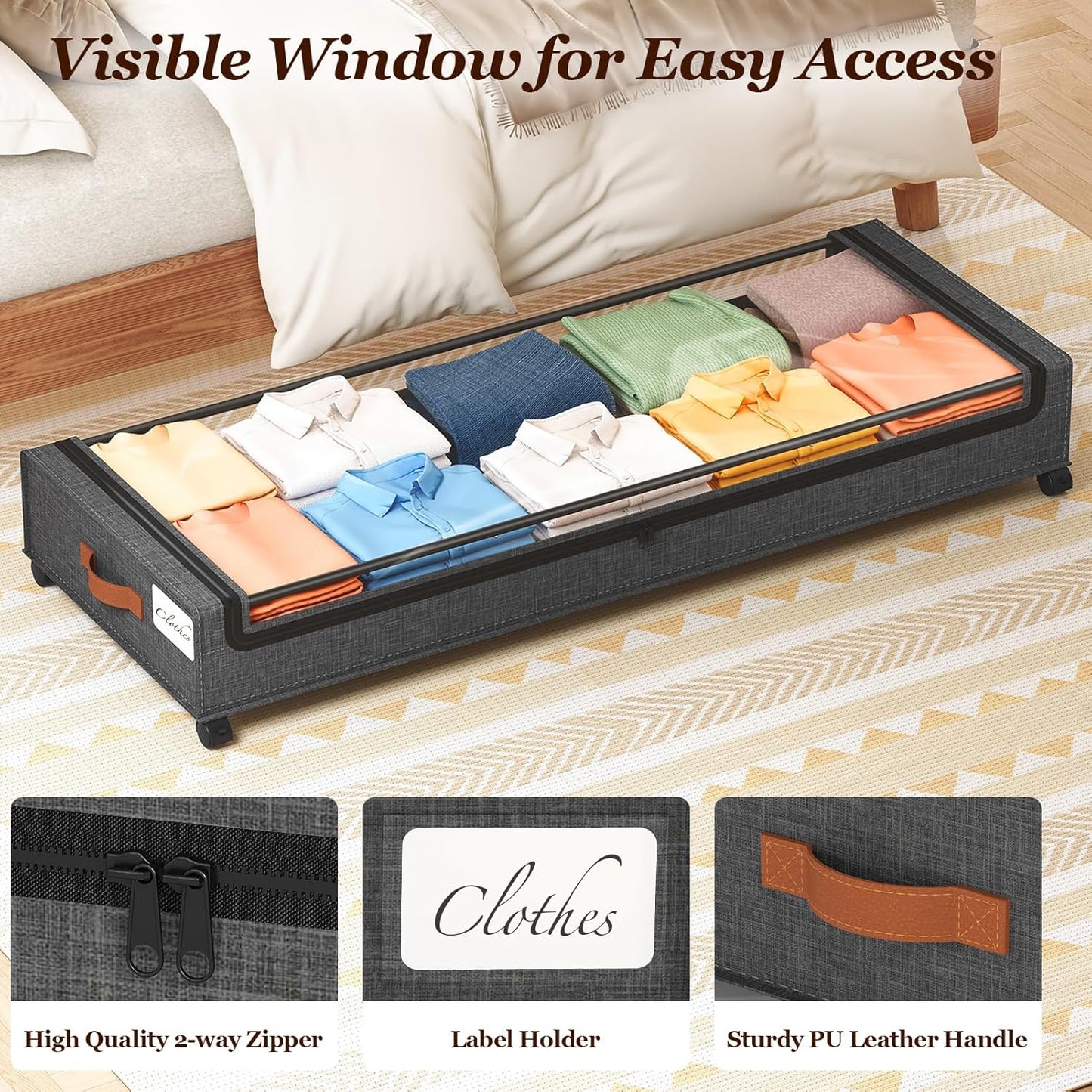 Yecaye Under Bed Storage with Wheels 2 Pack, 85L Extra Large Under Bed Storage Containers with Metal Frame & Clear Lid, Rolling Underbed Organizer Bins Drawers for Clothes, Shoes, Blankets, Hemp Grey