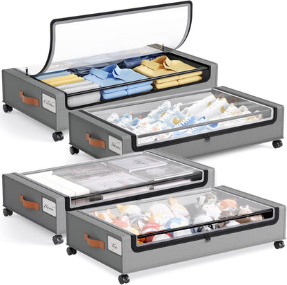 Yecaye Under Bed Storage with Wheels 2 Pack, 85L Extra Large Under Bed Storage Containers with Metal Frame & Clear Lid, Rolling Underbed Organizer Bins Drawers for Clothes, Shoes, Blankets, Hemp Grey