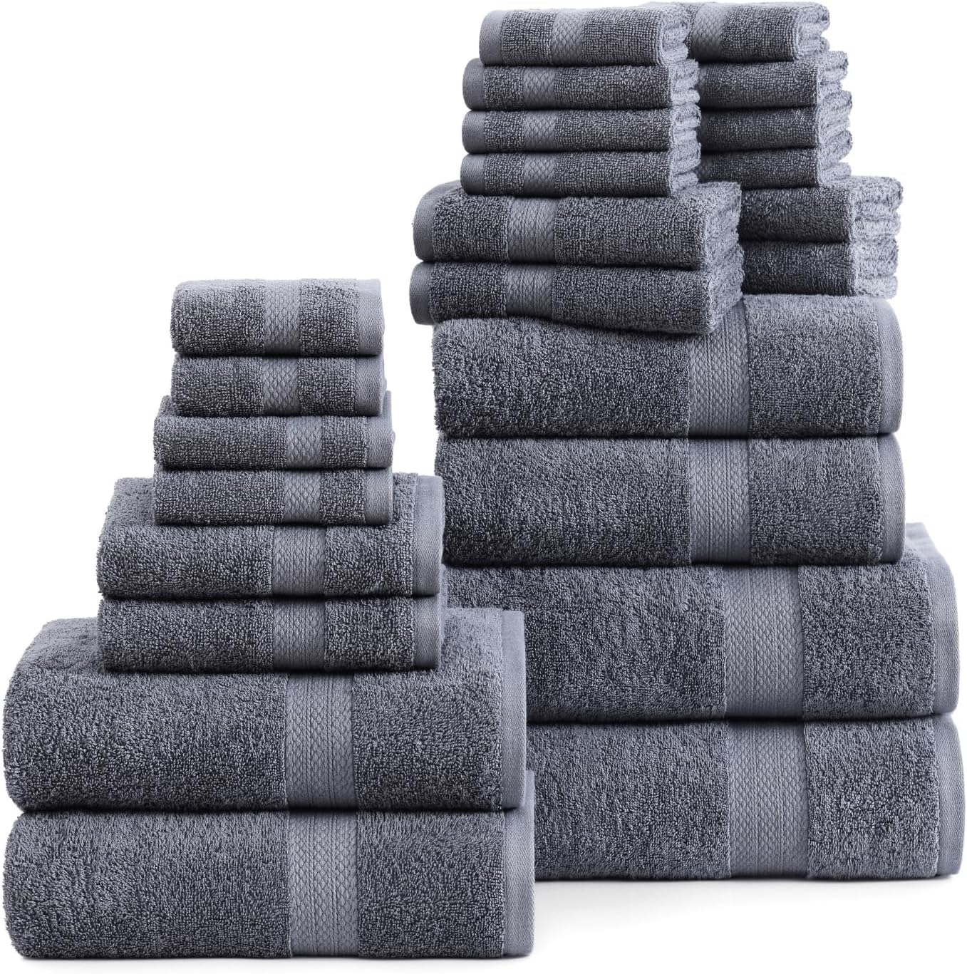 LANE LINEN 100% Cotton Bath Towels Set - 24 PCs - Durable, Quick Dry, Super Soft & Highly Absorbent - 4 Bath, 4 Fingertip, 6 Hand Towels, 8 Washcloths, 2 Bath Sheets - Perfect Family Set - Cool Grey