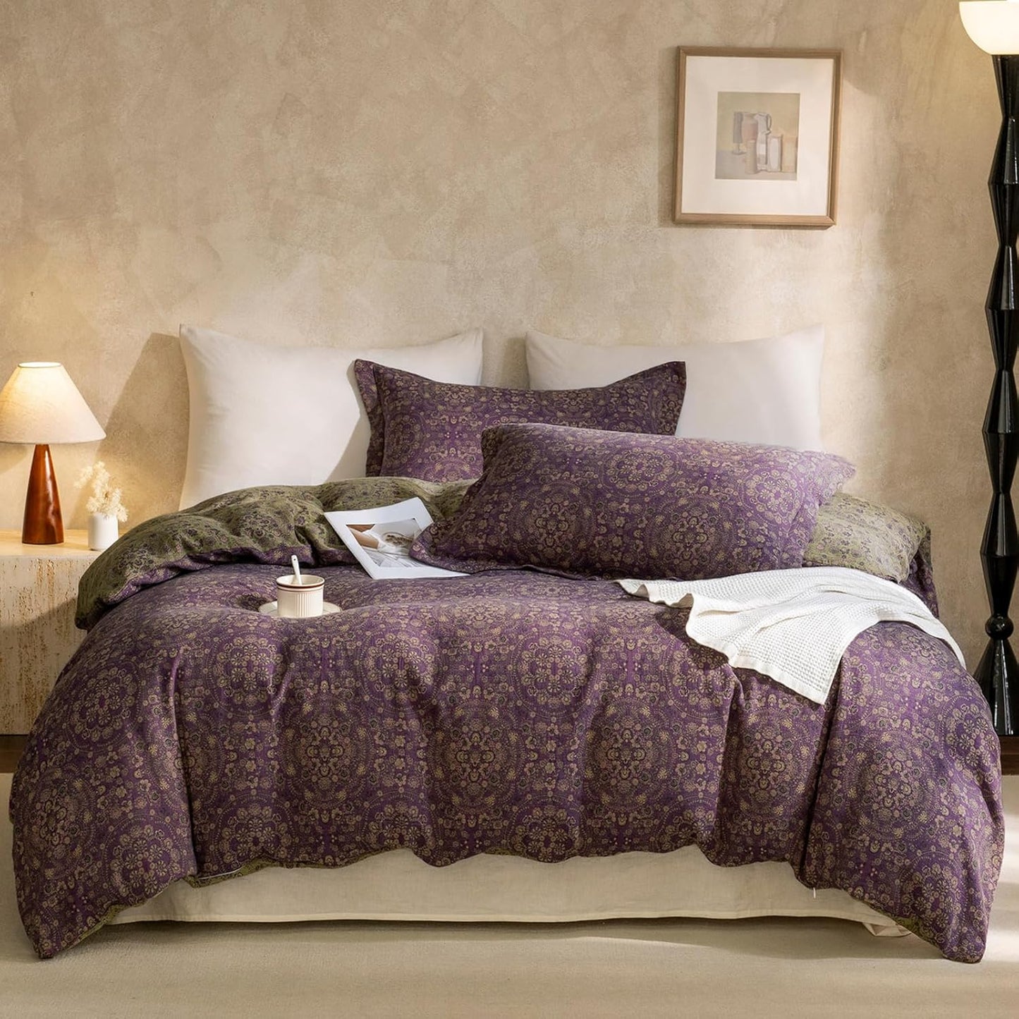 VM VOUGEMARKET Purple Green Duvet Cover Queen,3 Pieces Retro Boho Medallion Jacquard Flower Bedding Set,Linen Cotton Yarn-Dyed Textured Duvet Cover with Zipper Closure
