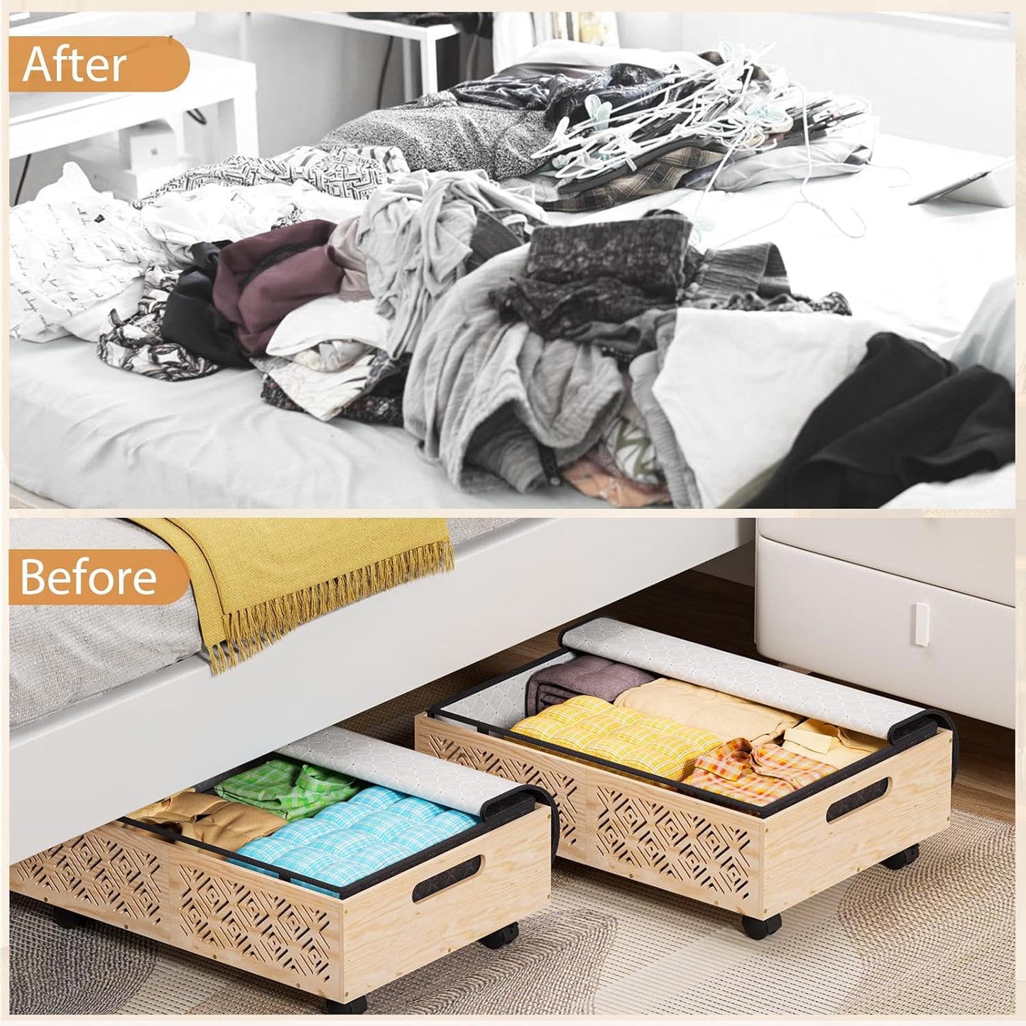 Under Bed Storage Containers-2 Pack Wooden Underbed Organizer with Wheels with Large Capacity Dust Bag, Stackable Under Bed Drawer Storage