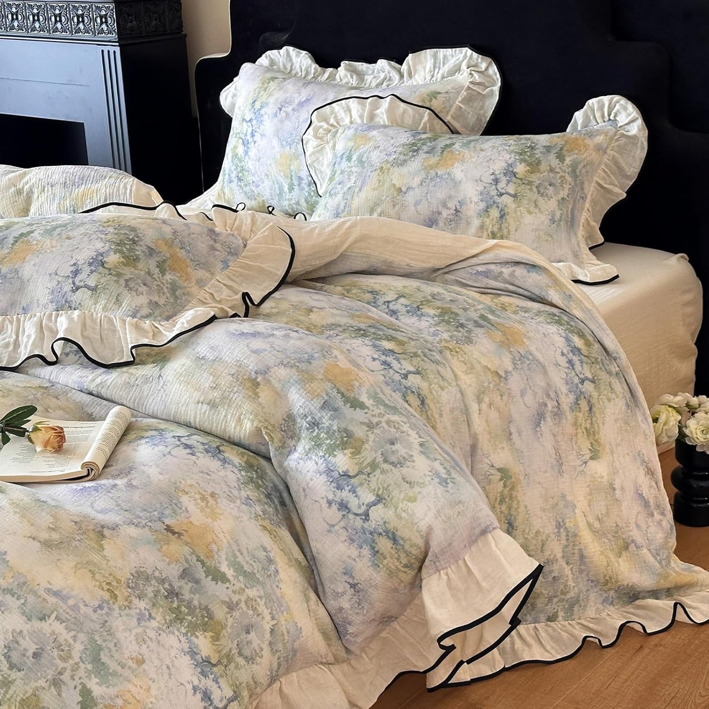 VM VOUGEMARKET Purple Green Duvet Cover Queen,3 Pieces Retro Boho Medallion Jacquard Flower Bedding Set,Linen Cotton Yarn-Dyed Textured Duvet Cover with Zipper Closure