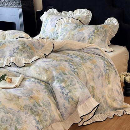 VM VOUGEMARKET Purple Green Duvet Cover Queen,3 Pieces Retro Boho Medallion Jacquard Flower Bedding Set,Linen Cotton Yarn-Dyed Textured Duvet Cover with Zipper Closure