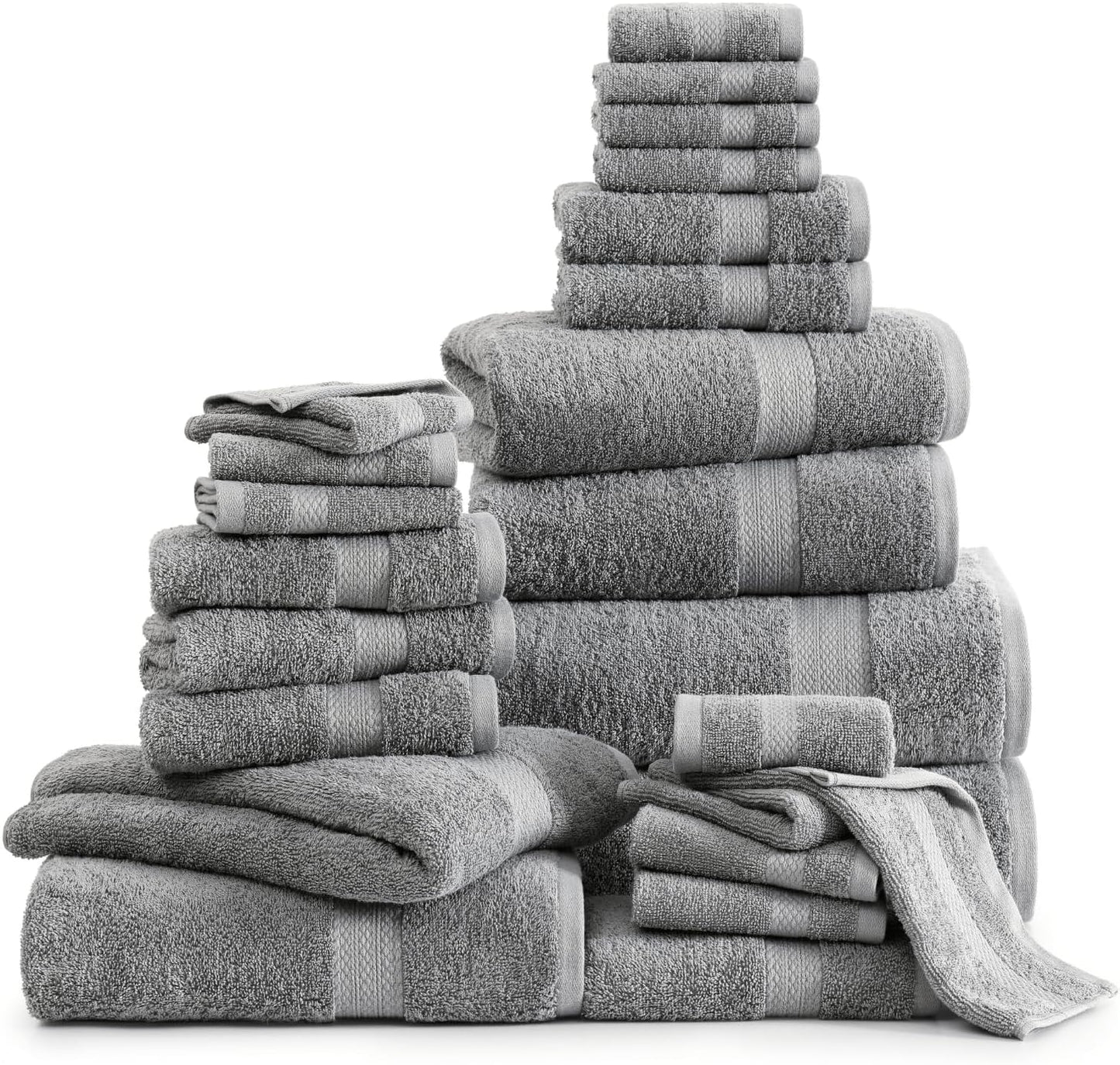 LANE LINEN 100% Cotton Bath Towels Set - 24 PCs - Durable, Quick Dry, Super Soft & Highly Absorbent - 4 Bath, 4 Fingertip, 6 Hand Towels, 8 Washcloths, 2 Bath Sheets - Perfect Family Set - Cool Grey