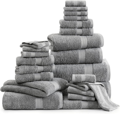 LANE LINEN 100% Cotton Bath Towels Set - 24 PCs - Durable, Quick Dry, Super Soft & Highly Absorbent - 4 Bath, 4 Fingertip, 6 Hand Towels, 8 Washcloths, 2 Bath Sheets - Perfect Family Set - Cool Grey