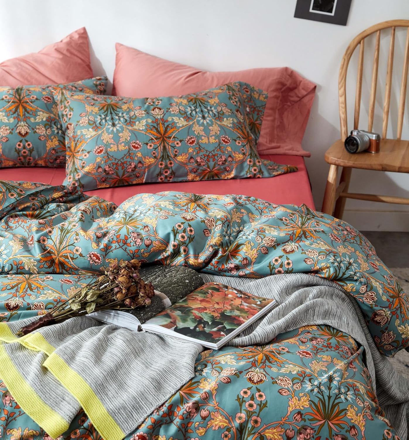 VM VOUGEMARKET Purple Green Duvet Cover Queen,3 Pieces Retro Boho Medallion Jacquard Flower Bedding Set,Linen Cotton Yarn-Dyed Textured Duvet Cover with Zipper Closure