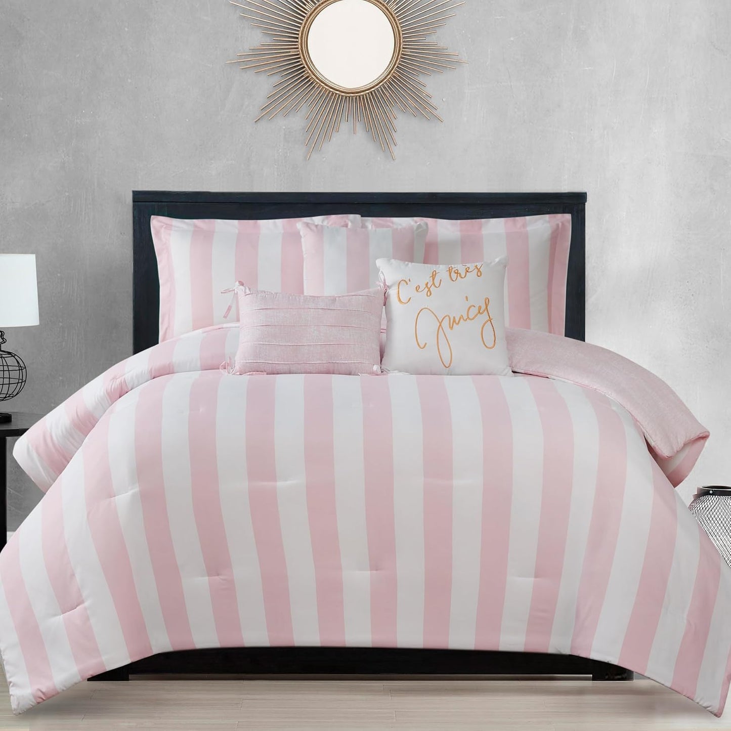 Juicy Couture Cabana Stripe Reversible Bedding Set - Queen/Full Size - Black and Hot Pink Stripe Print – 6 Piece Set – Includes 1 90" x 90" Comforter, 3 Decorative Pillows, 2 Shams