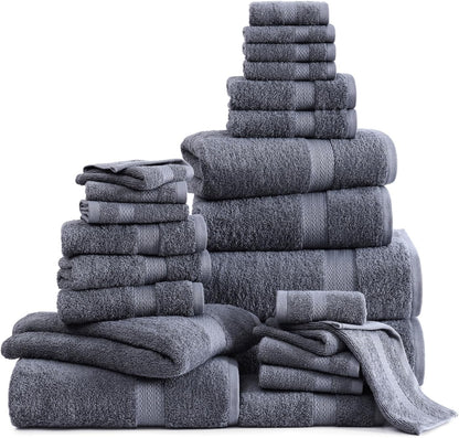 LANE LINEN 100% Cotton Bath Towels Set - 24 PCs - Durable, Quick Dry, Super Soft & Highly Absorbent - 4 Bath, 4 Fingertip, 6 Hand Towels, 8 Washcloths, 2 Bath Sheets - Perfect Family Set - Cool Grey