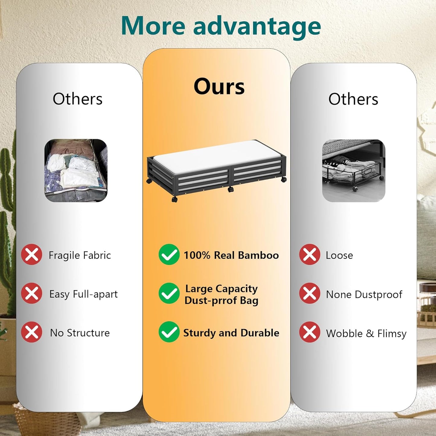 Bamboo Under Bed Storage Containers- Underbed Organizer with Wheels with Large Capacity Dust Bag,Sturdy Wood Rolling Under Bed Shoe Storage Organizer 2 Packs (Black, 2 Packs (33.07"×16.54"))