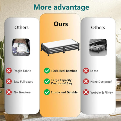 Bamboo Under Bed Storage Containers- Underbed Organizer with Wheels with Large Capacity Dust Bag,Sturdy Wood Rolling Under Bed Shoe Storage Organizer 2 Packs (Black, 2 Packs (33.07"×16.54"))