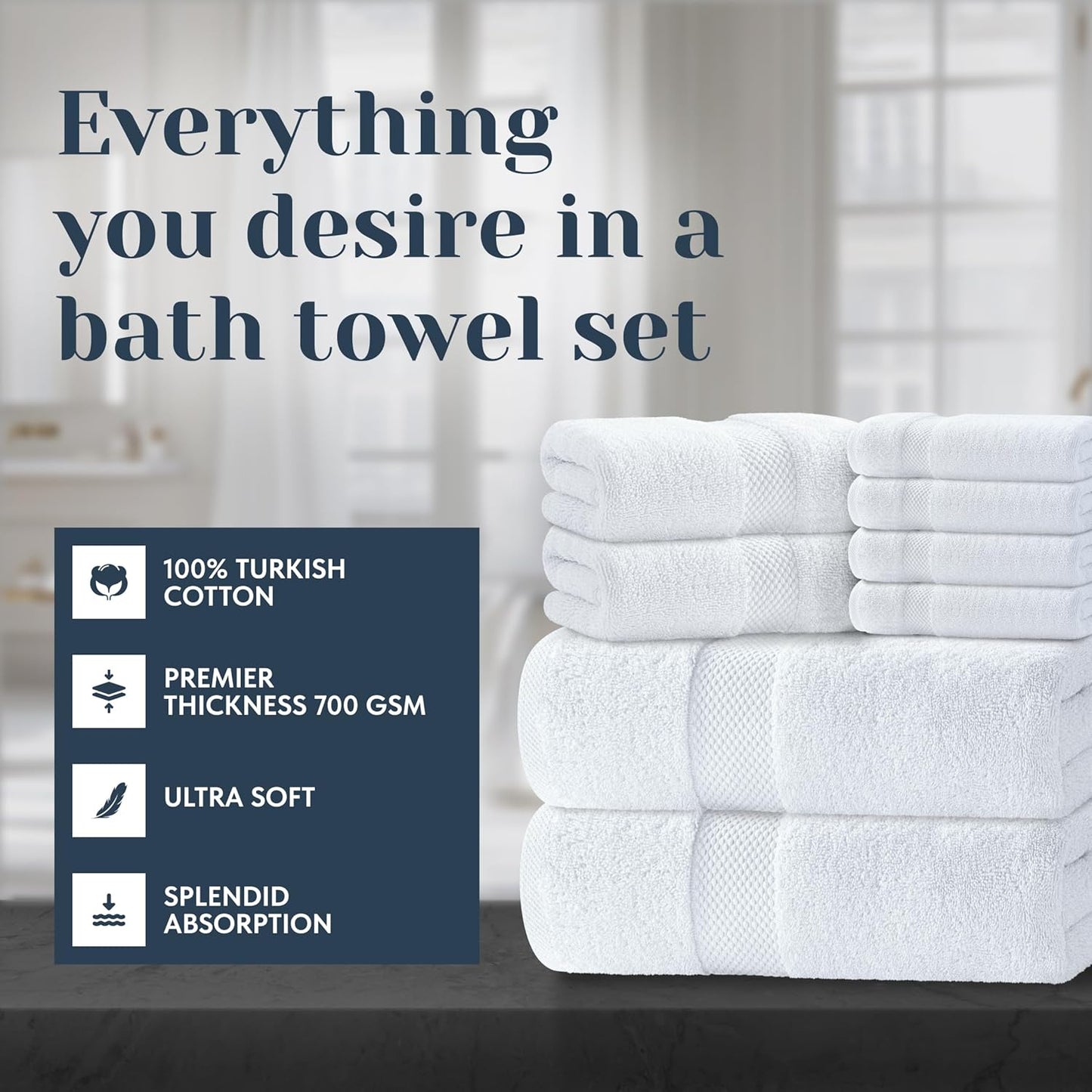 Luxury White Bath Towel Set of 8 Pieces - 100% Turkish Cotton 700 GSM Highly Absorbent Towels for Bathroom, 2 Bath Towels, 2 Hand Towels, 4 Washcloths