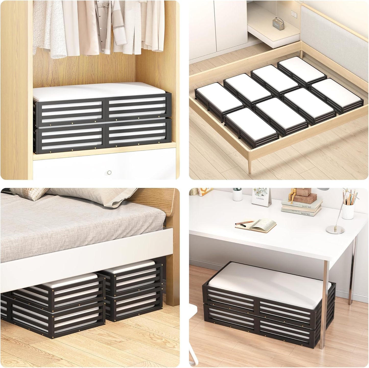 Bamboo Under Bed Storage Containers- Underbed Organizer with Wheels with Large Capacity Dust Bag,Sturdy Wood Rolling Under Bed Shoe Storage Organizer 2 Packs (Black, 2 Packs (33.07"×16.54"))