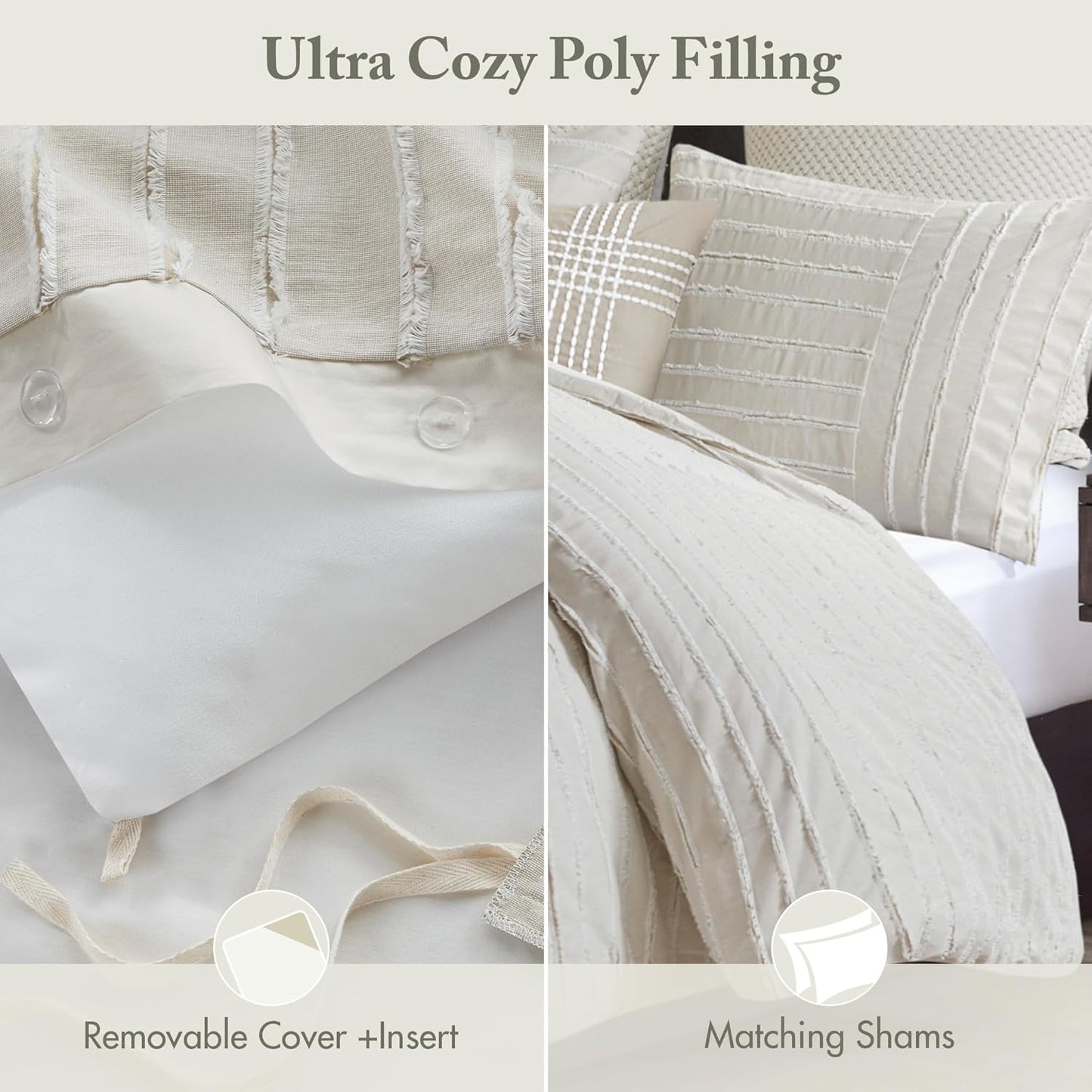 Madison Park King Comforter Set Clipped Jacquard Stripes with Buttons Boho Comforter for a King-Size Bed, Cotton Oversized Comforters with Removable Cover Boho Bedding, King Ivory 9 Piece