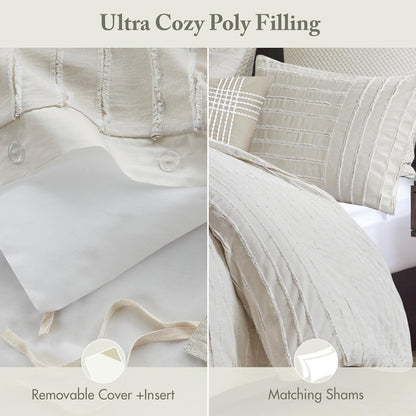 Madison Park King Comforter Set Clipped Jacquard Stripes with Buttons Boho Comforter for a King-Size Bed, Cotton Oversized Comforters with Removable Cover Boho Bedding, King Ivory 9 Piece