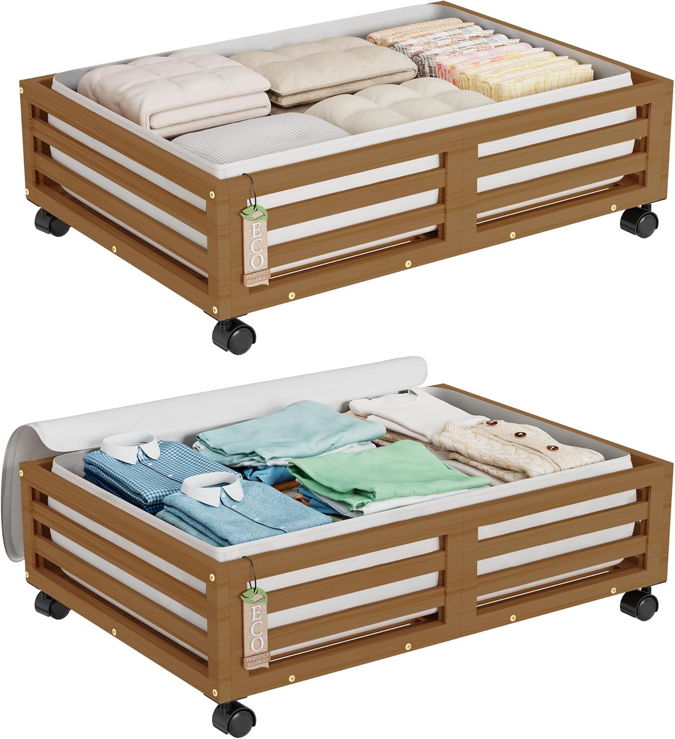 Wisuce Bamboo Under Bed Storage Containers- Underbed Organizer with Wheels with Large Dust Bag,Sturdy Wood Rolling Under the Bed Shoe Storage Organizer Drawer 2 Packs (White, Long)