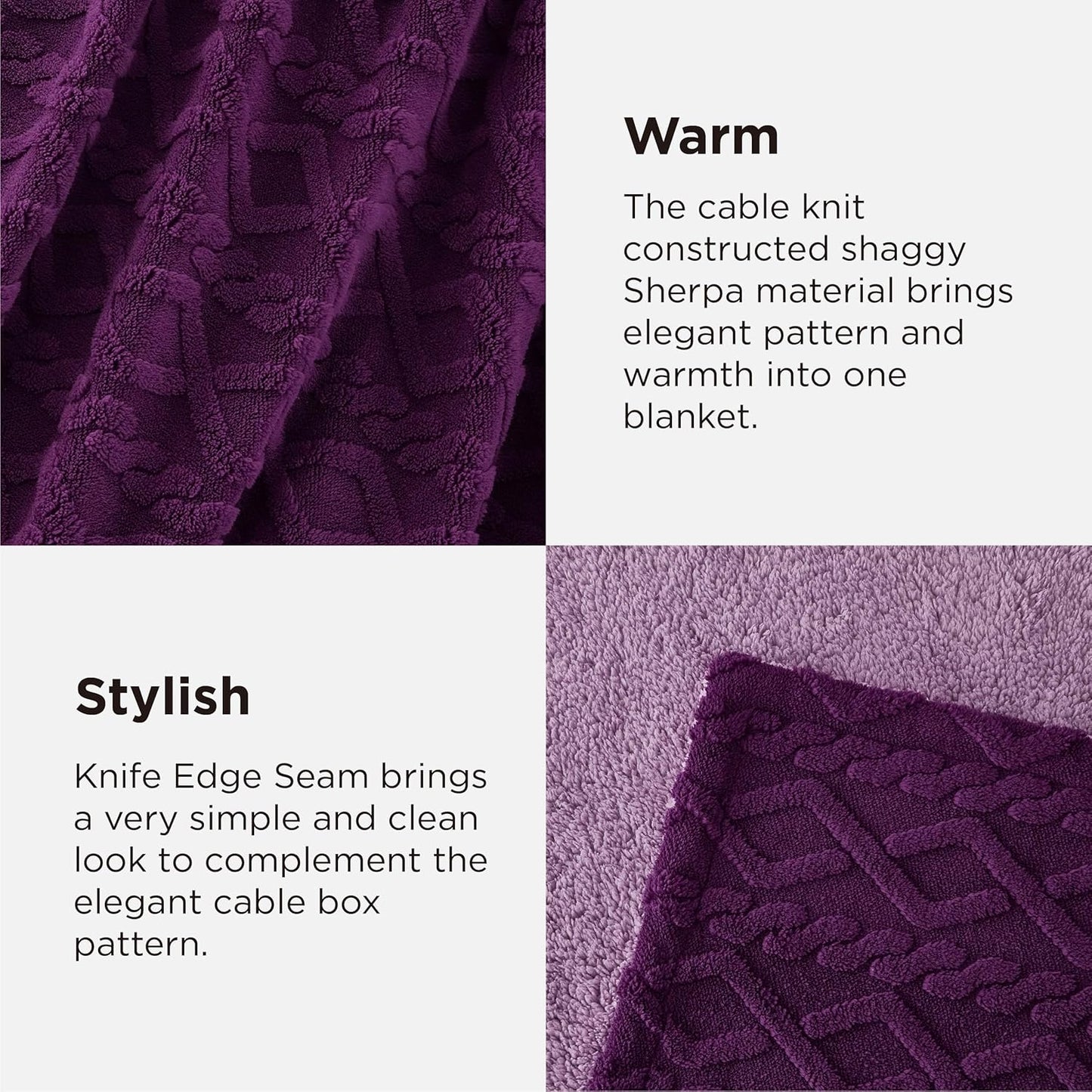Bedsure Gentlesoft Sherpa King Size Blanket for Bed- Fleece Fluffy & Cozy Cable Jacquard Tufted for Women Gift, Thick and Warm Christmas Blanket for Winter, Purple, 108x90 Inches