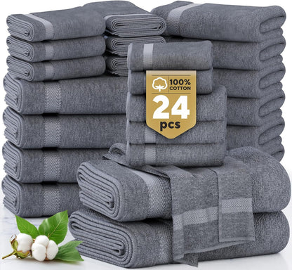 LANE LINEN 100% Cotton Bath Towels Set - 24 PCs - Durable, Quick Dry, Super Soft & Highly Absorbent - 4 Bath, 4 Fingertip, 6 Hand Towels, 8 Washcloths, 2 Bath Sheets - Perfect Family Set - Cool Grey