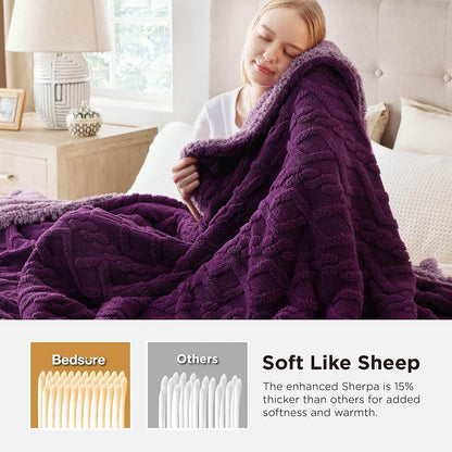 Bedsure Gentlesoft Sherpa King Size Blanket for Bed- Fleece Fluffy & Cozy Cable Jacquard Tufted for Women Gift, Thick and Warm Christmas Blanket for Winter, Purple, 108x90 Inches