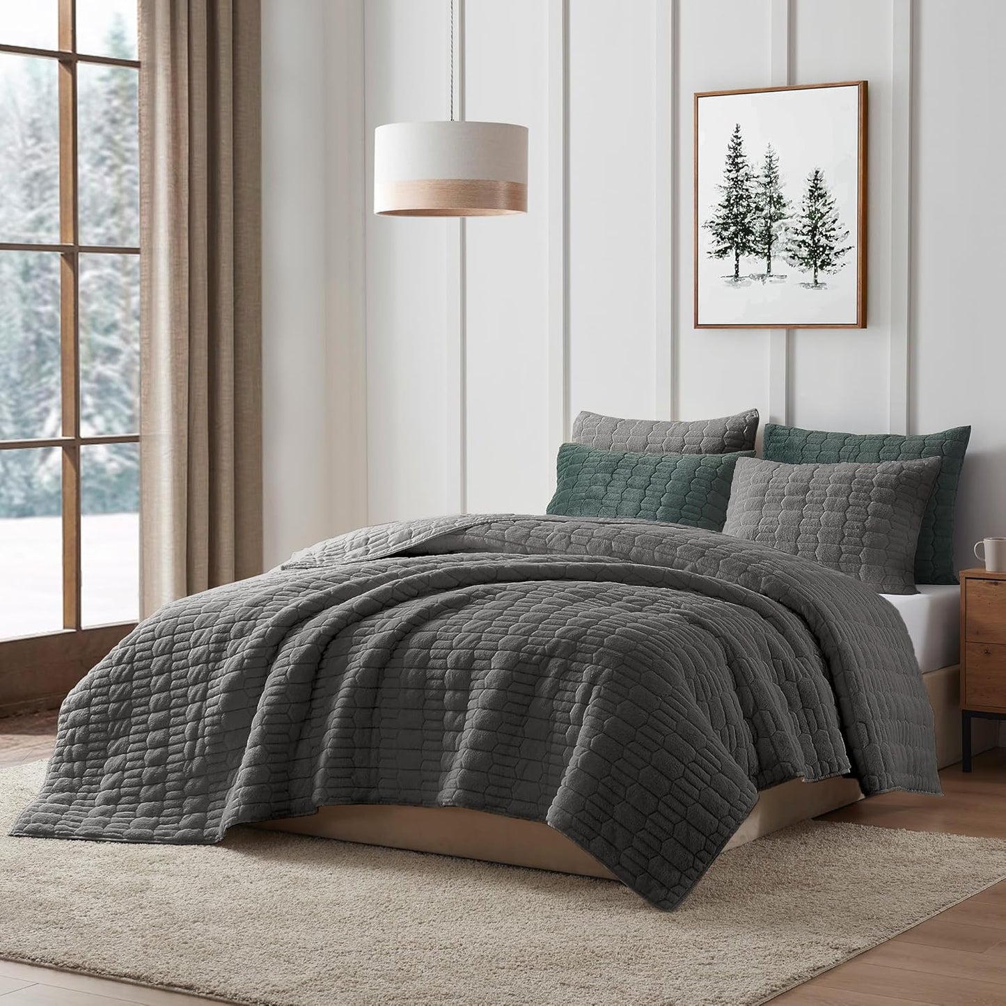 Wonderful 3 Pieces Fluffy Faux Rabbit Fur Bubble Comforter Set King Size, Tie-Dyeing Beige Plush Fuzzy Bedding Set, Warm Soft Bubble Comforter Bedding Set for Winter