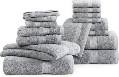 LANE LINEN 100% Cotton Luxury Bathroom Towel Set - 16 Pcs - Ring Spun, Quick Dry, Super Soft & Highly Absorbent - 4 Bath, 8 Washcloths, 4 Hand Towels - Pre Shrunk, Can be Used in Salon - Space Grey