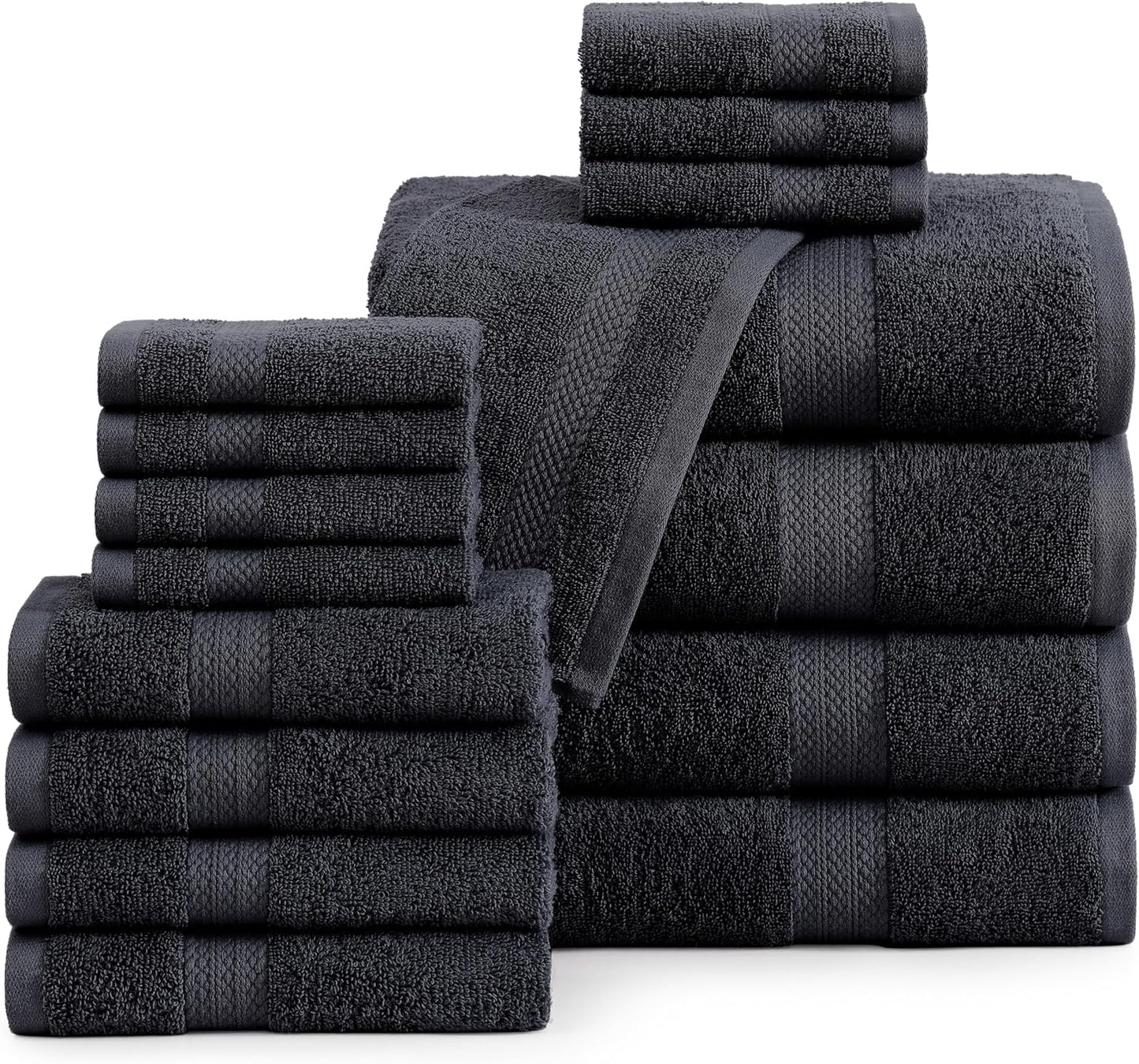 LANE LINEN 100% Cotton Luxury Bathroom Towel Set - 16 Pcs - Ring Spun, Quick Dry, Super Soft & Highly Absorbent - 4 Bath, 8 Washcloths, 4 Hand Towels - Pre Shrunk, Can be Used in Salon - Space Grey