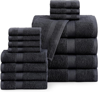 LANE LINEN 100% Cotton Luxury Bathroom Towel Set - 16 Pcs - Ring Spun, Quick Dry, Super Soft & Highly Absorbent - 4 Bath, 8 Washcloths, 4 Hand Towels - Pre Shrunk, Can be Used in Salon - Space Grey