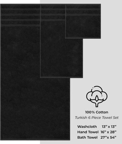 American Soft Linen Luxury 6 Piece Towel Set, 2 Bath Towels 2 Hand Towel 2 Washcloths, 600 GSM 100% Cotton Turkish Towels for Bathroom, Black Towel Sets