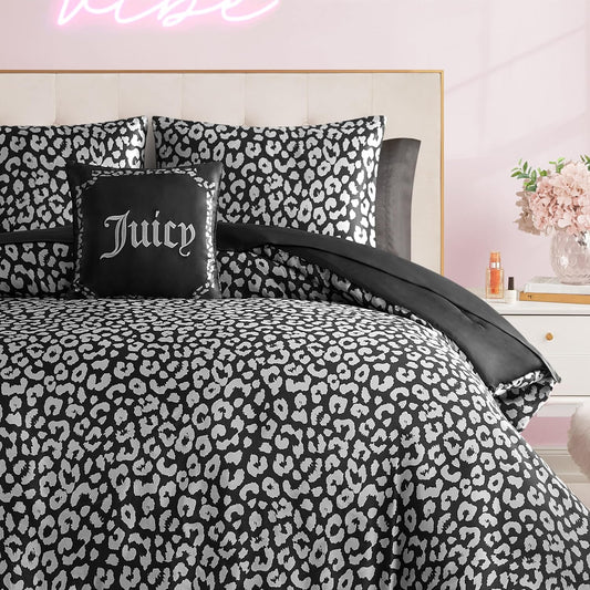 Juicy Couture Modern Black Leopard Satin Queen Comforter Set - Luxury Bed in a Bag – Soft & Stylish 8-Piece Bedding Collection