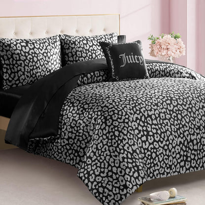 Juicy Couture Modern Black Leopard Satin Queen Comforter Set - Luxury Bed in a Bag – Soft & Stylish 8-Piece Bedding Collection
