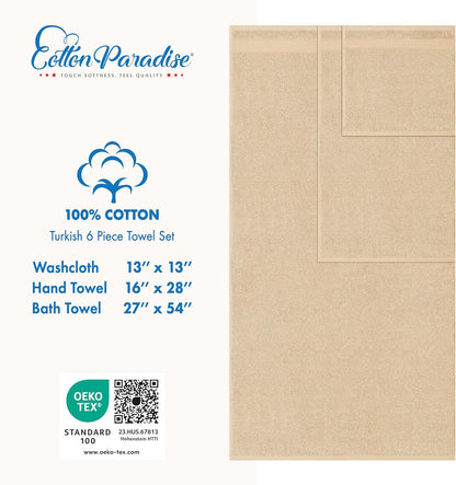 Cotton Paradise 6 Piece Towel Set, 100% Cotton Soft Absorbent Turkish Towels for Bathroom, 2 Bath Towels 2 Hand Towels 2 Washcloths, Beige Towel Set