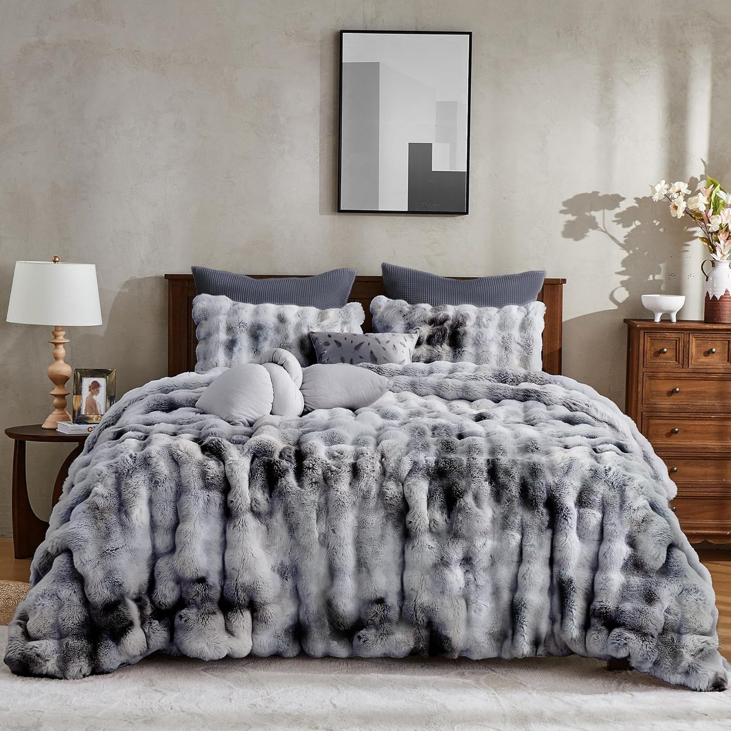 Wonderful 3 Pieces Fluffy Faux Rabbit Fur Bubble Comforter Set King Size, Tie-Dyeing Beige Plush Fuzzy Bedding Set, Warm Soft Bubble Comforter Bedding Set for Winter